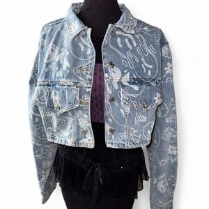 Edikted NWT Blue Malia Print Denim Long Sleeve Cropped Denim Jacket Size Small